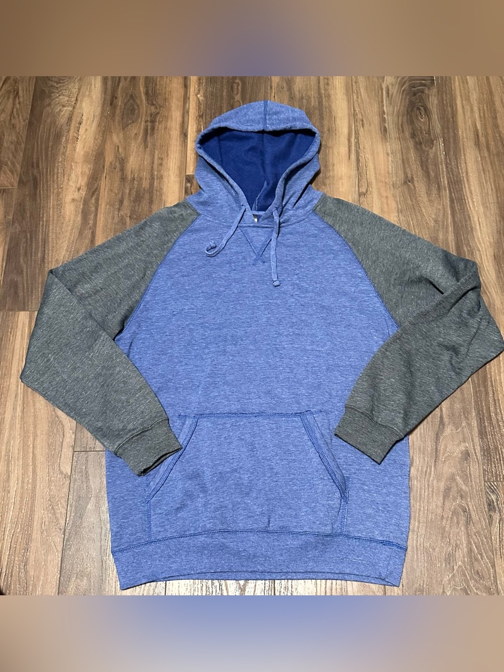 District Two-Tone Blue Hooded Pullover with Gray Raglan Sleeves